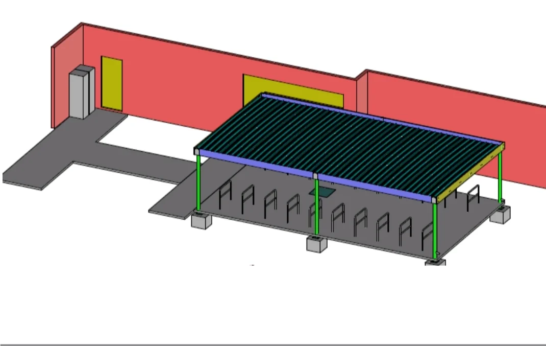Nieuwe fietsenstalling naast sporthal Steenberg met kluisjes en oplaadpunten voor fietsbatterij.