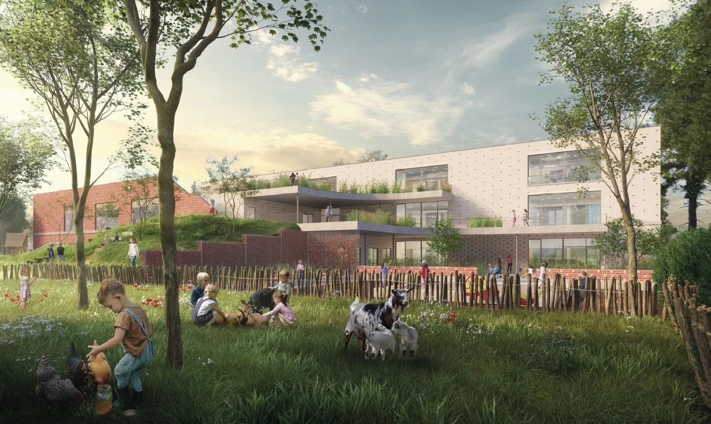lettertuin zicht op groene speelplaats kleuters
