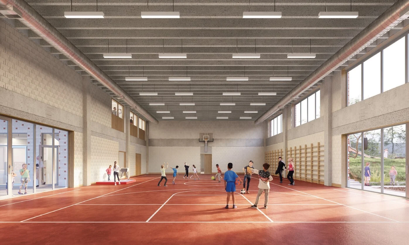 lettertuin zicht op turnzaal tussen inkomplein en groene speelplaats