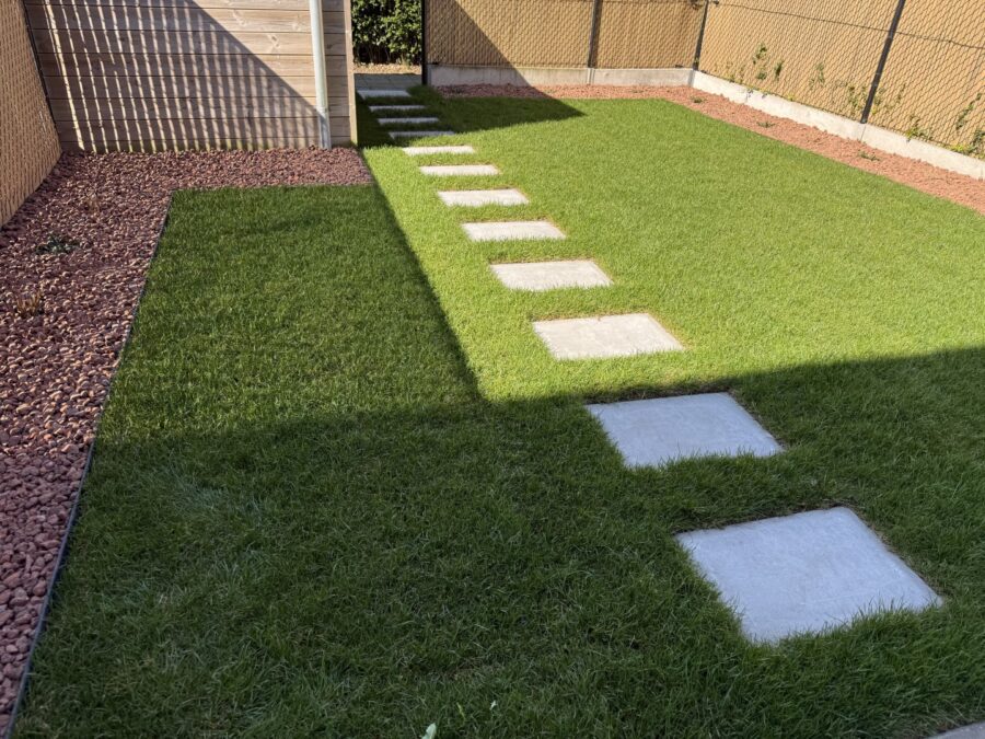 Jong groen gazon met stapstenen naast een tuinberging